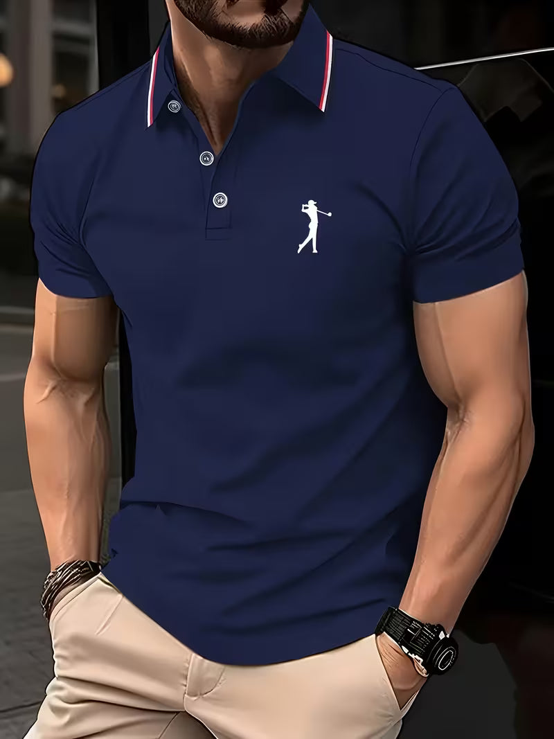 Printed short sleeve golf shirt in navy blue