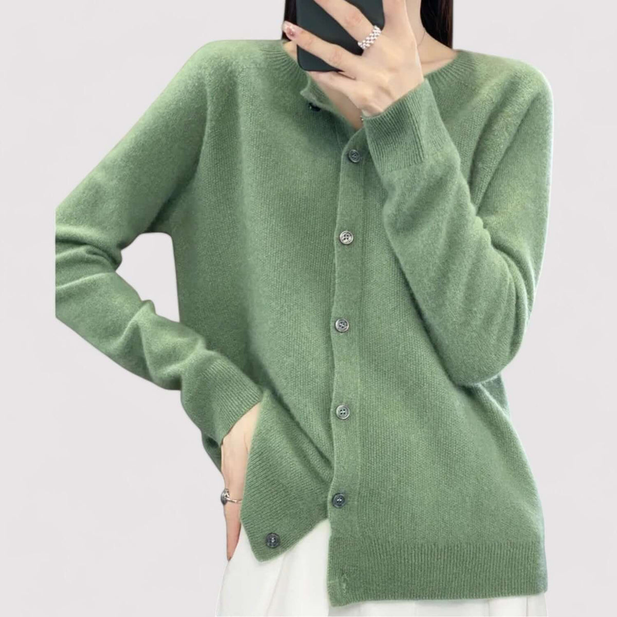 Fall Soft Brushed Fine Knit Crewneck Button Cardigan for Women in Light Green