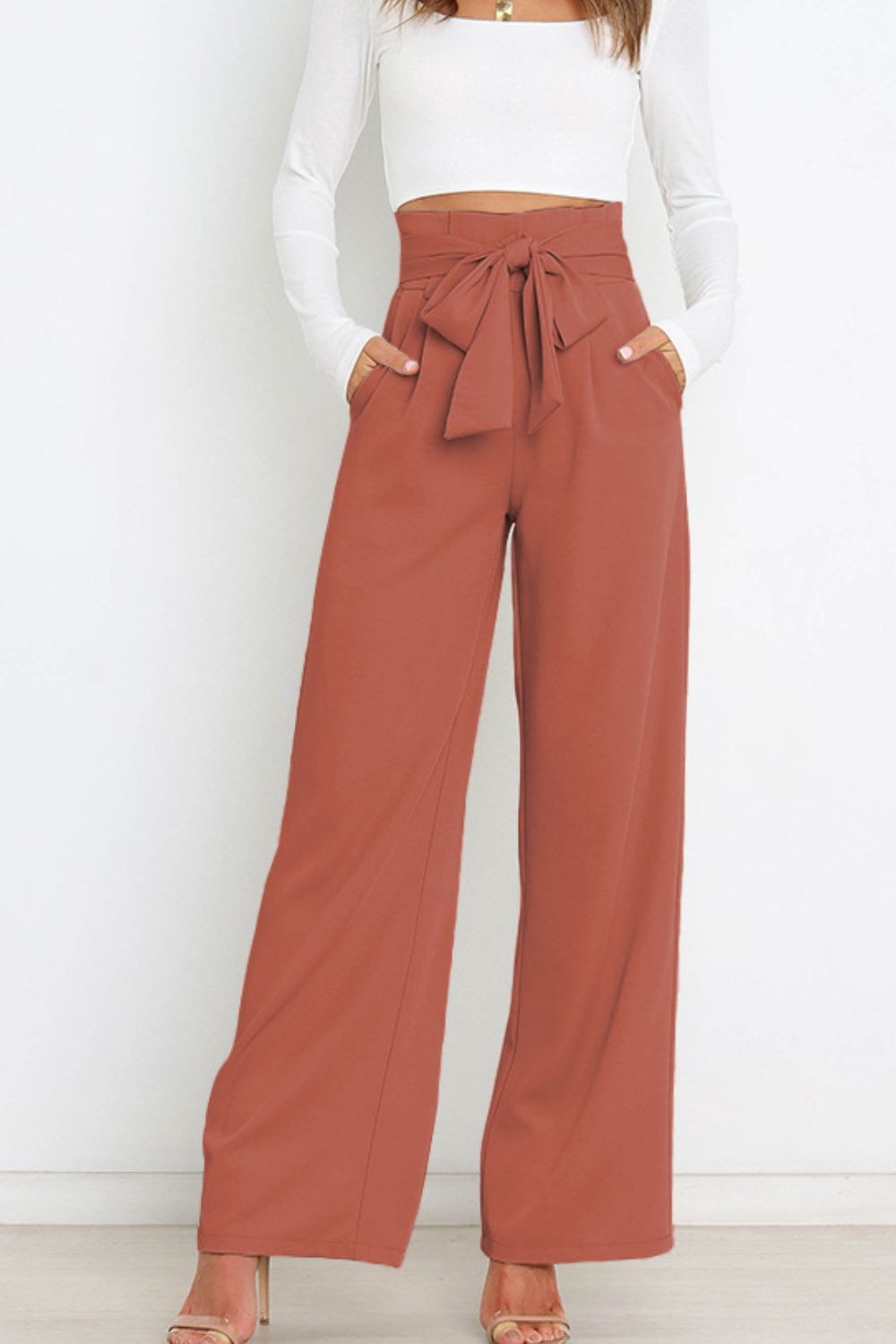 High waist paperbag pant with bow detail, view 19