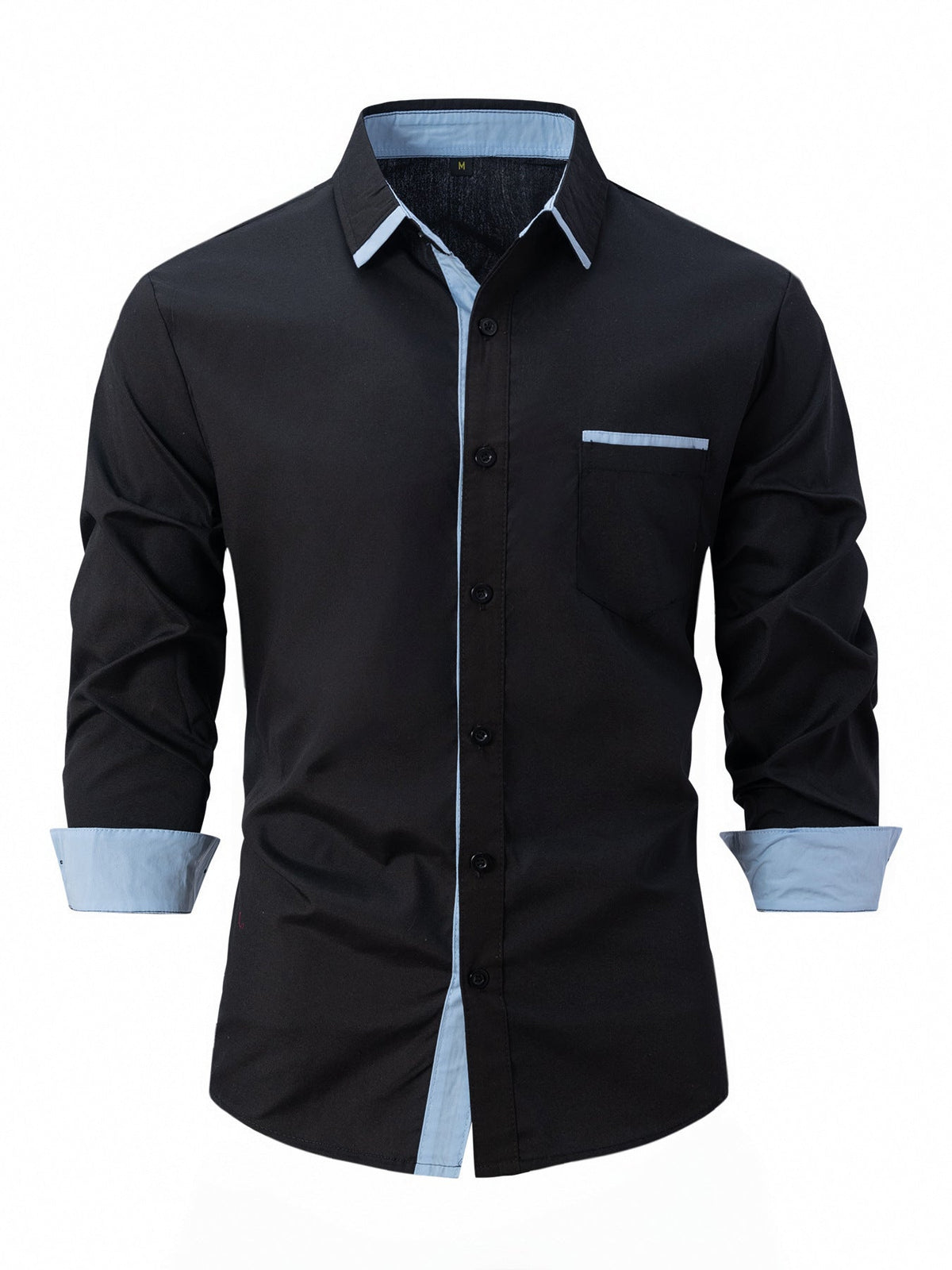 Fall Slim Fit Cotton Blend Contrast Trim Dress Shirt for Men in Black