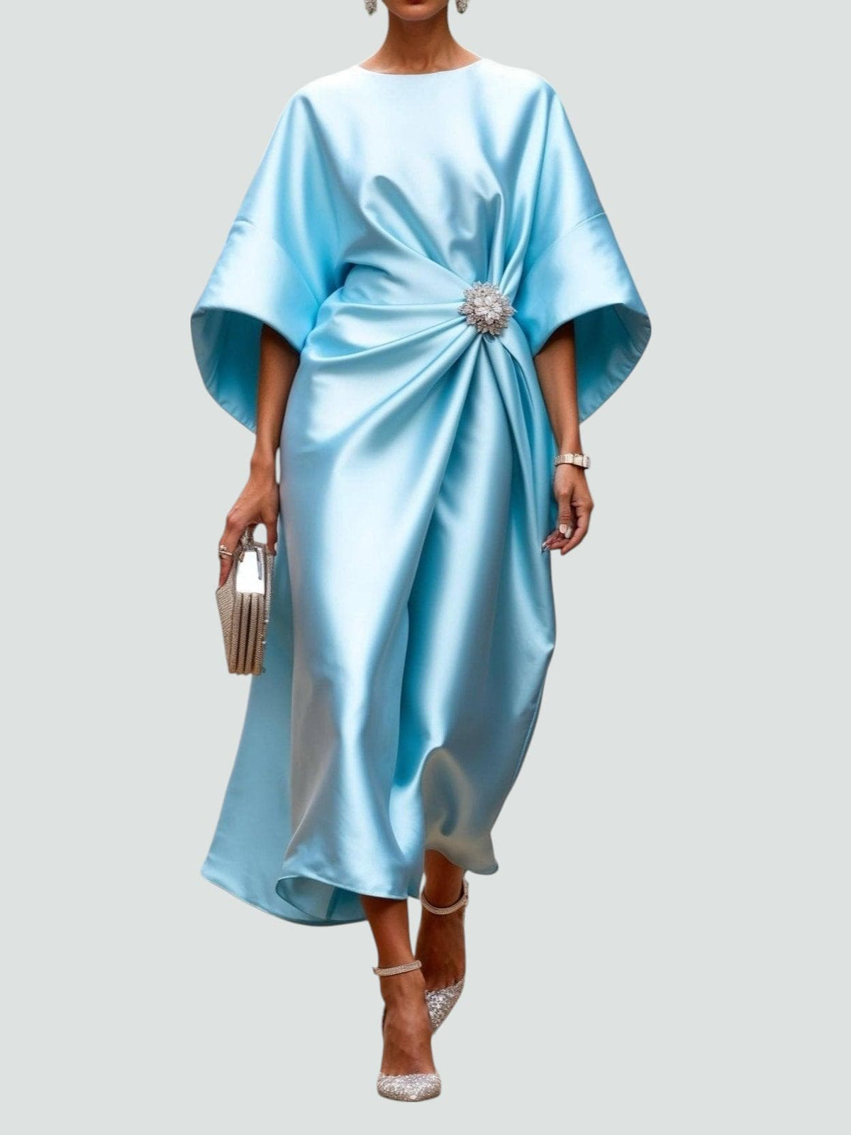 Fall Draped Waist Kimono Sleeve Long Evening Dress for Women in Sky Blue