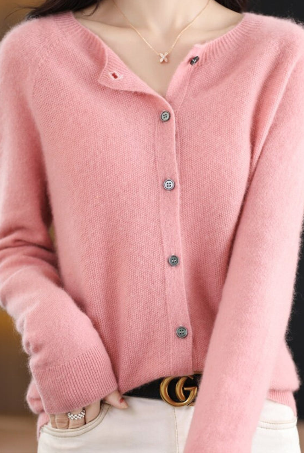 Open front cashmere knit cardigan in light pink