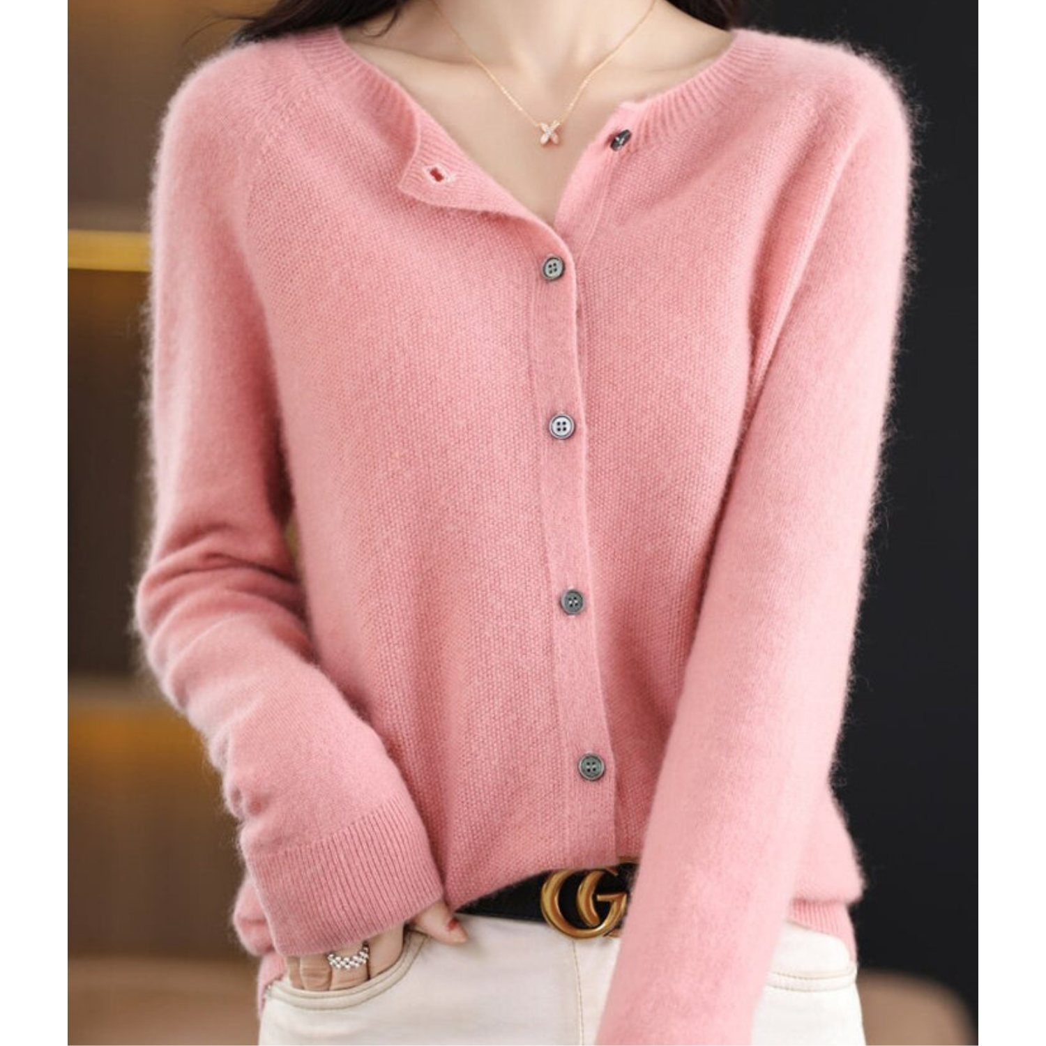 Open front cashmere knit cardigan in light pink