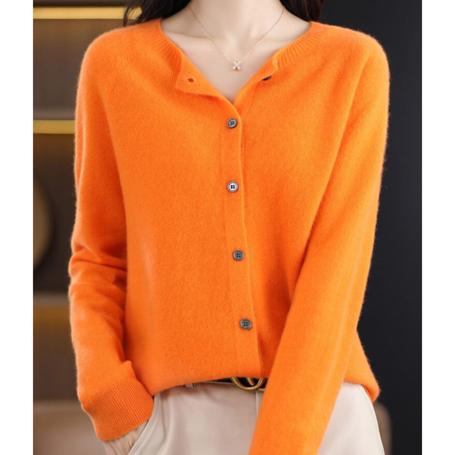 Open front cashmere knit cardigan in orange