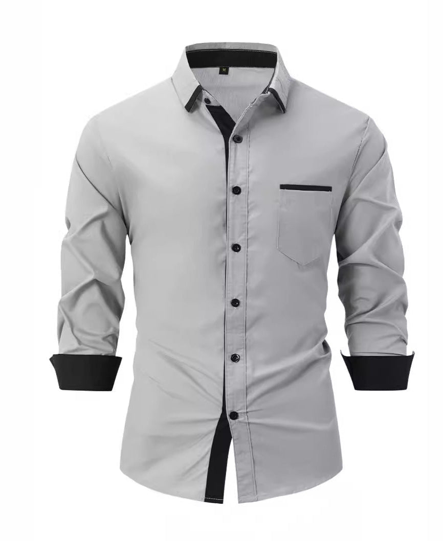 Fall Slim Fit Cotton Blend Contrast Trim Dress Shirt for Men in Gray