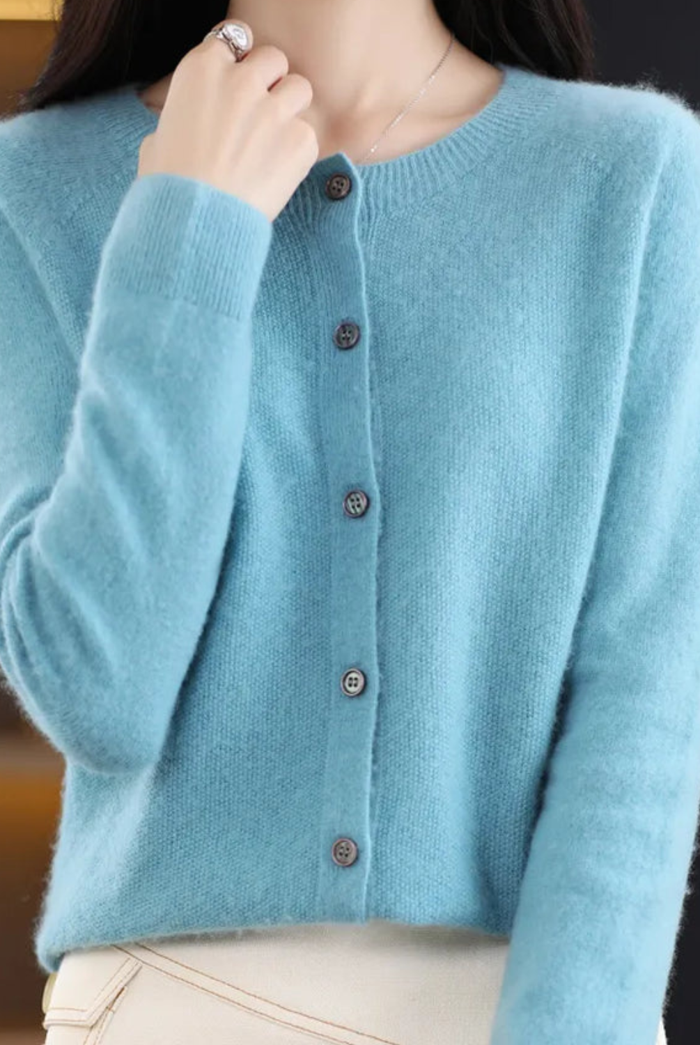 Open front cashmere knit cardigan in light turquoise