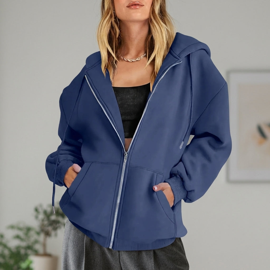 Fall Cotton Fleece Oversized Zip Up Hoodie for Women in Navy Blue