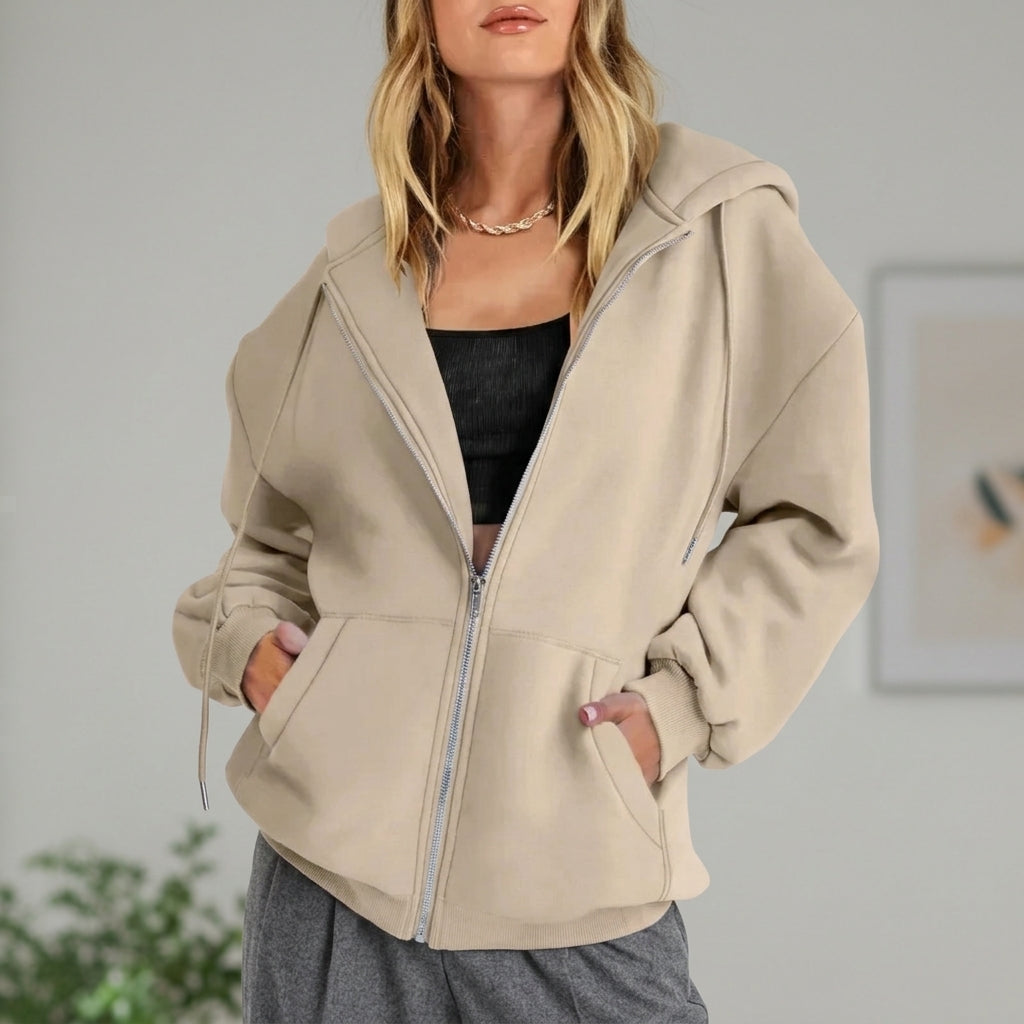 Fall Cotton Fleece Oversized Zip Up Hoodie for Women in Beige