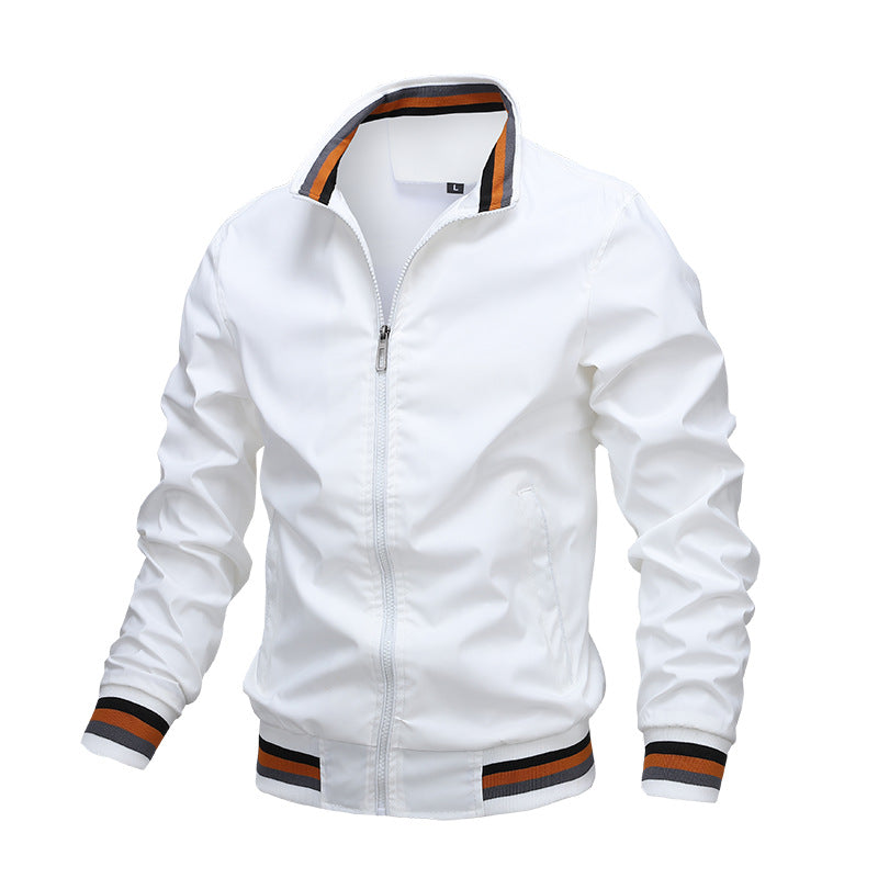 Bomber Jacket Mens Varsity Stripe Rib Trim Zip Front Stand Collar