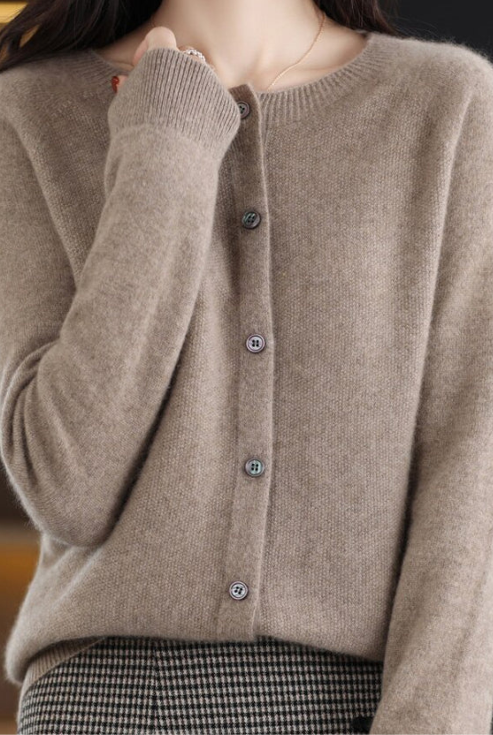 Open front cashmere knit cardigan in brown