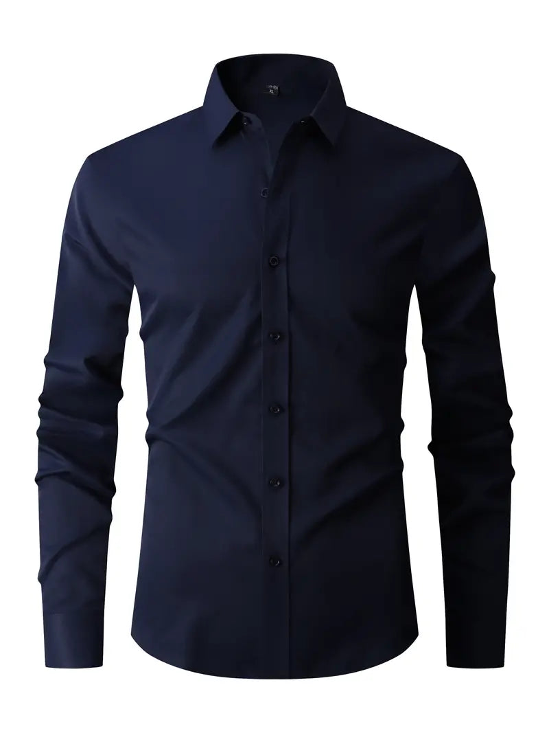 Fall Long Sleeve Semi Formal Button Up Dress Shirt for Men in Navy