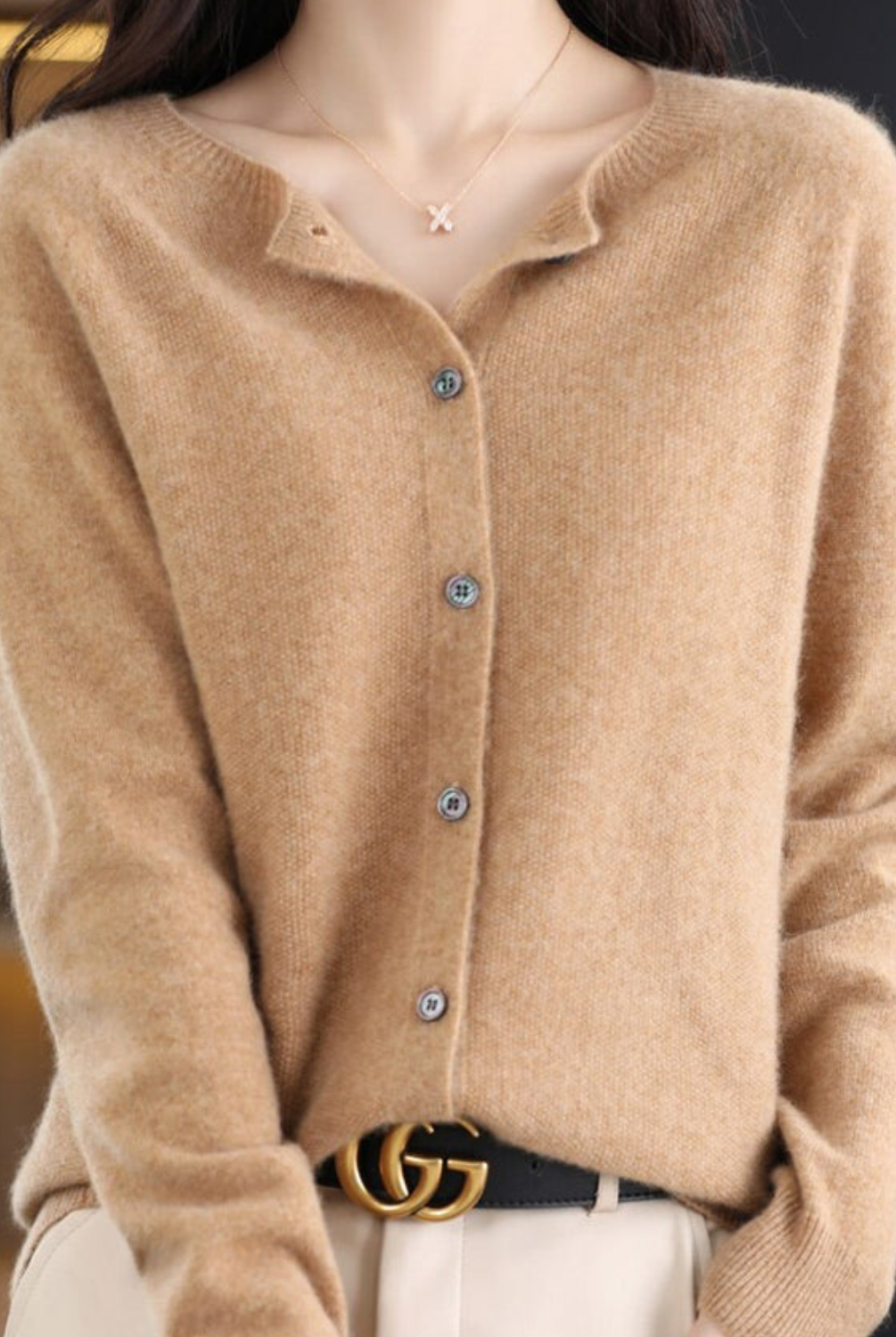 Open front cashmere knit cardigan in light brown