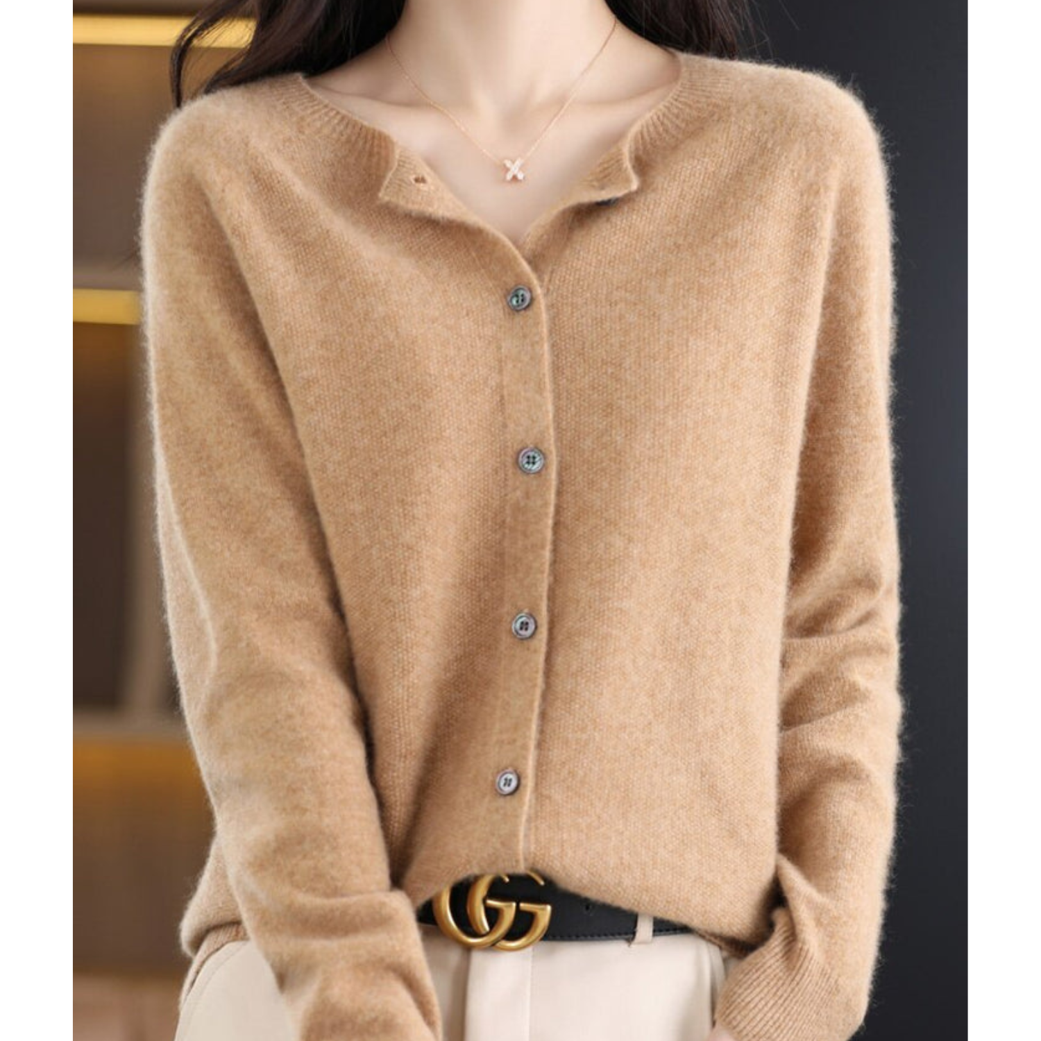 Open front cashmere knit cardigan in light brown