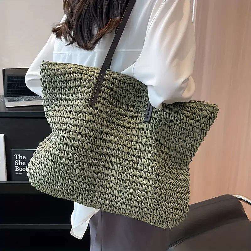 Oversized woven straw beach tote bag in green