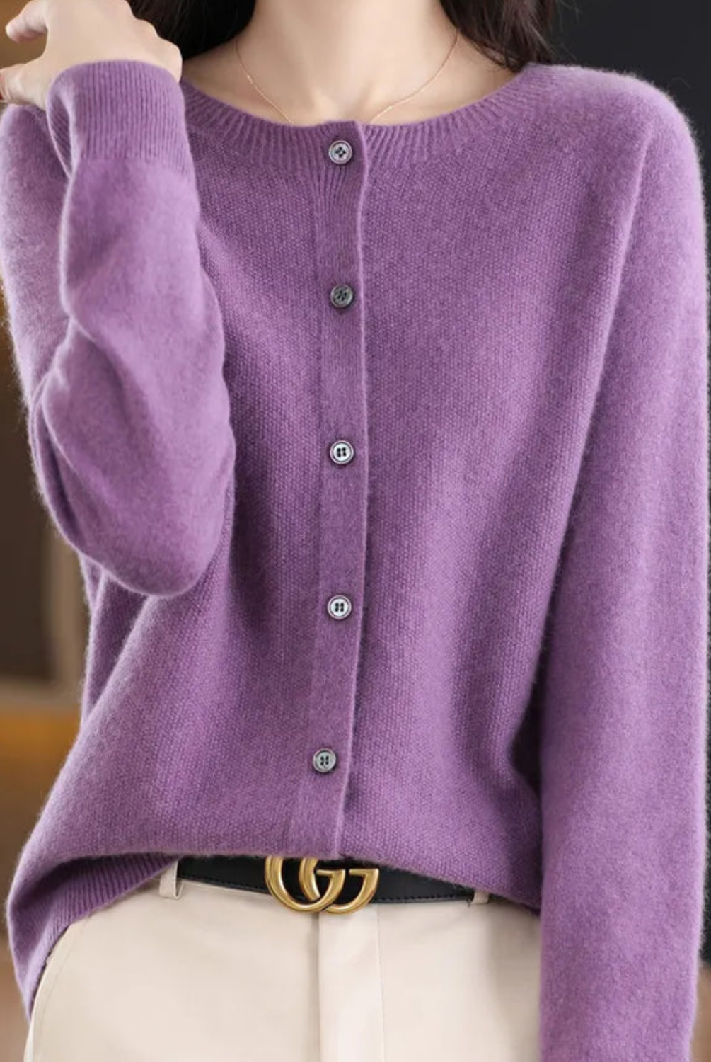 Open front cashmere knit cardigan in lilac