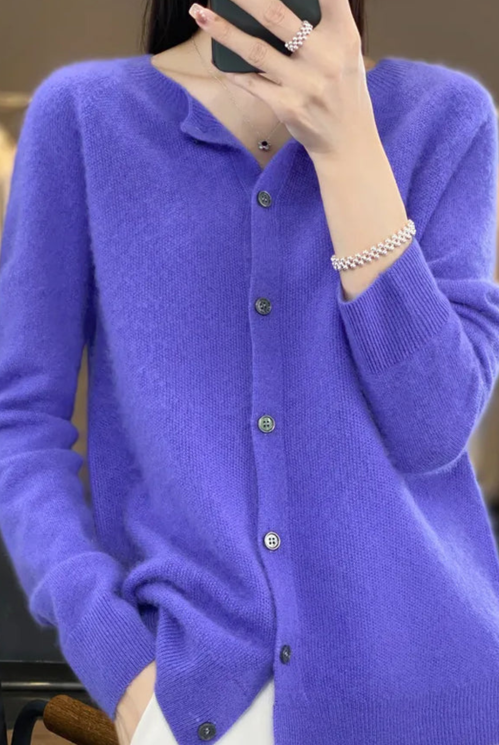 Open front cashmere knit cardigan in dark blue