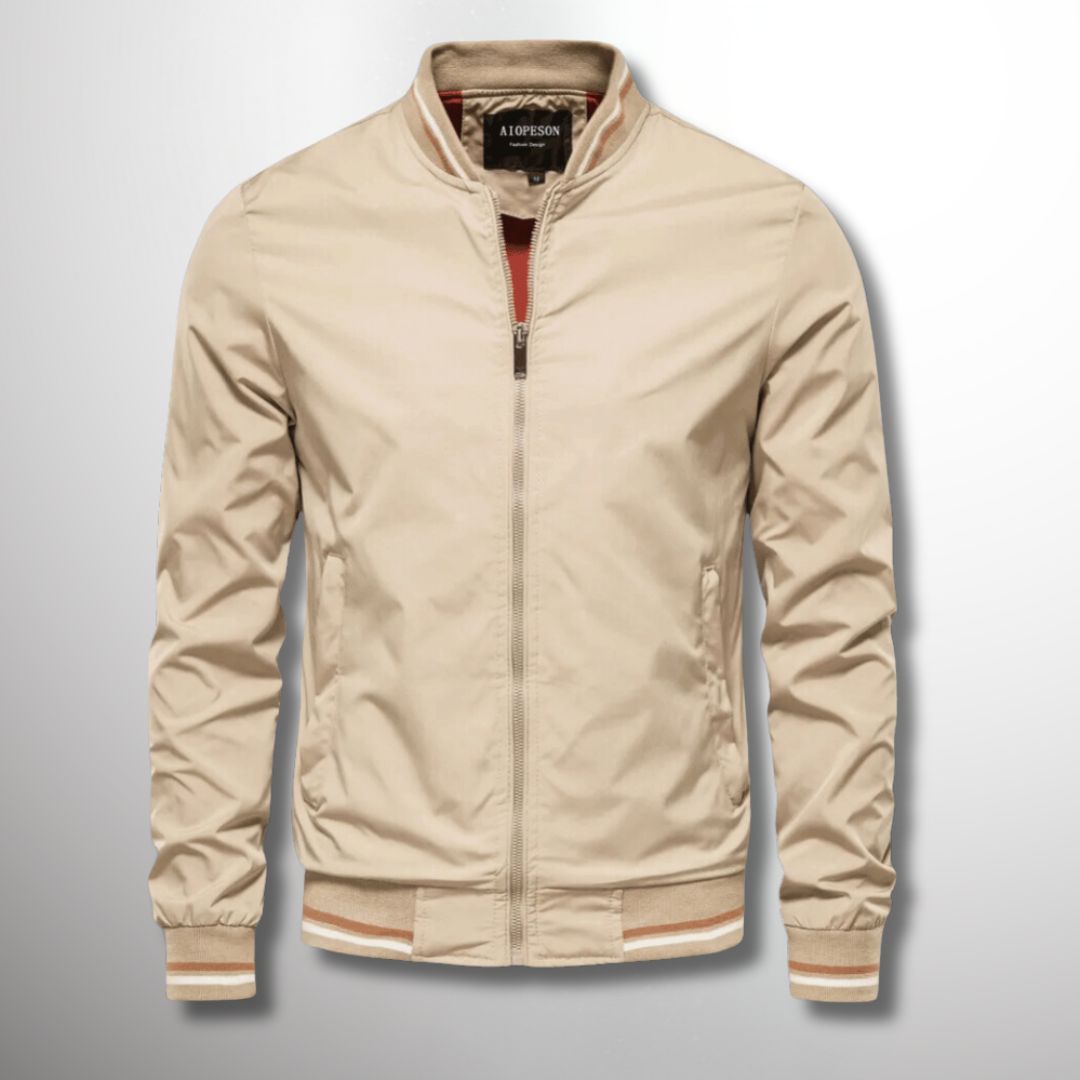 Fall Water Resistant Bomber Jacket with Striped Trim for Men in Beige