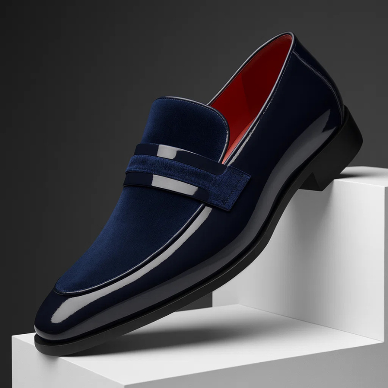 Polished leather suede panel penny loafer in navy blue