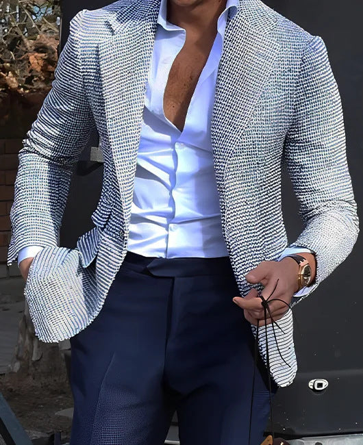 Fall Slim Fit Plaid Two Button Suit Blazer for Men in White Blue Texture