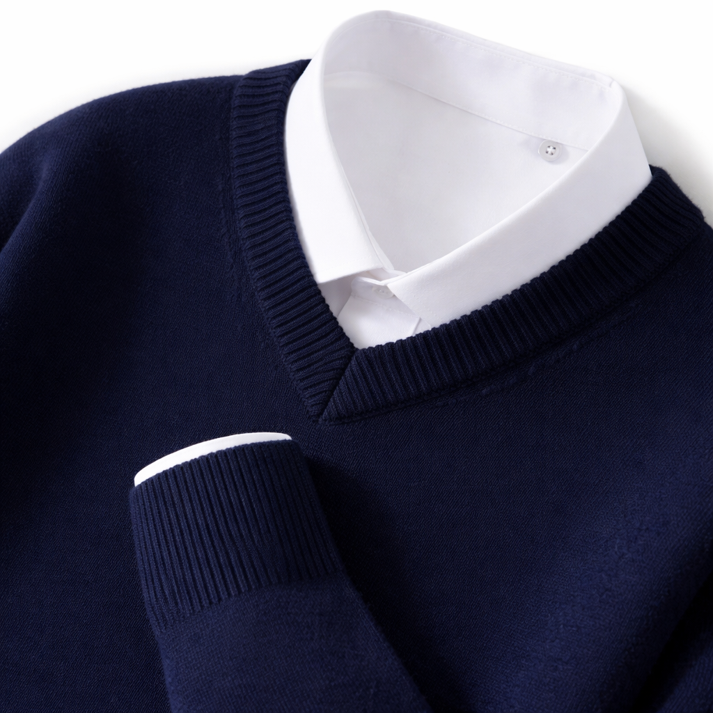 Midweight wool blend V-neck sweater in deep blue