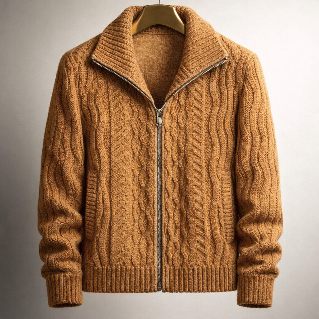 Winter Cable Knit Stand Collar Zip Up Cardigan for Men in Brown