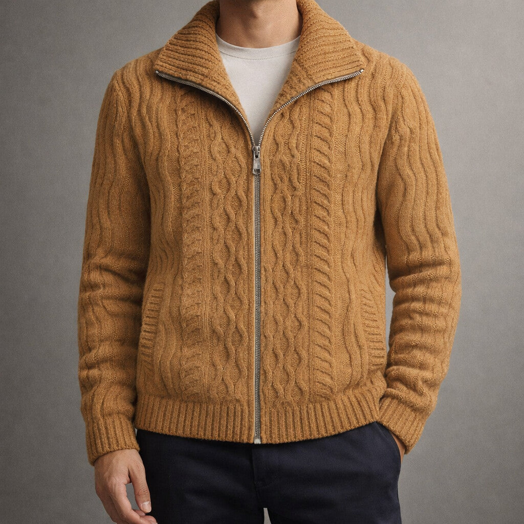 Winter Cable Knit Stand Collar Zip Up Cardigan for Men