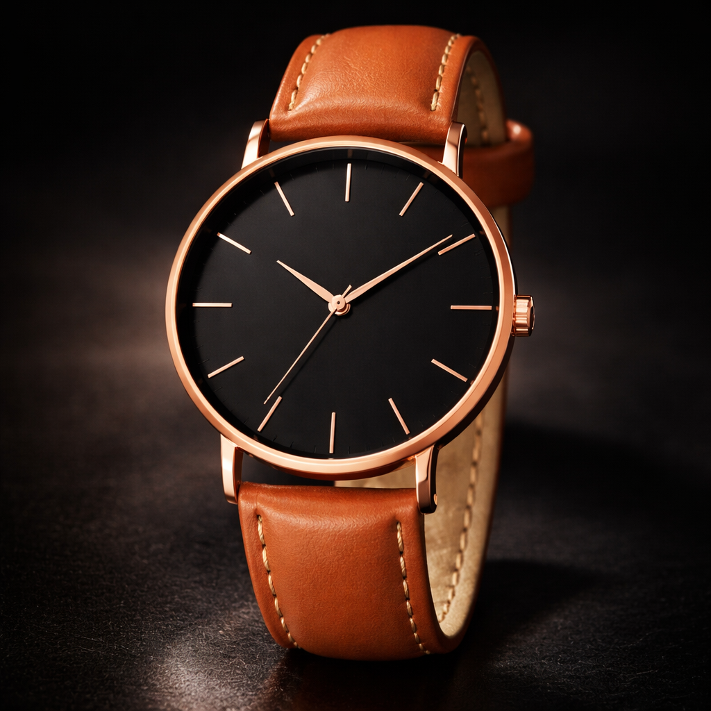 Minimalist dial 39mm quartz leather strap watch in black / brown