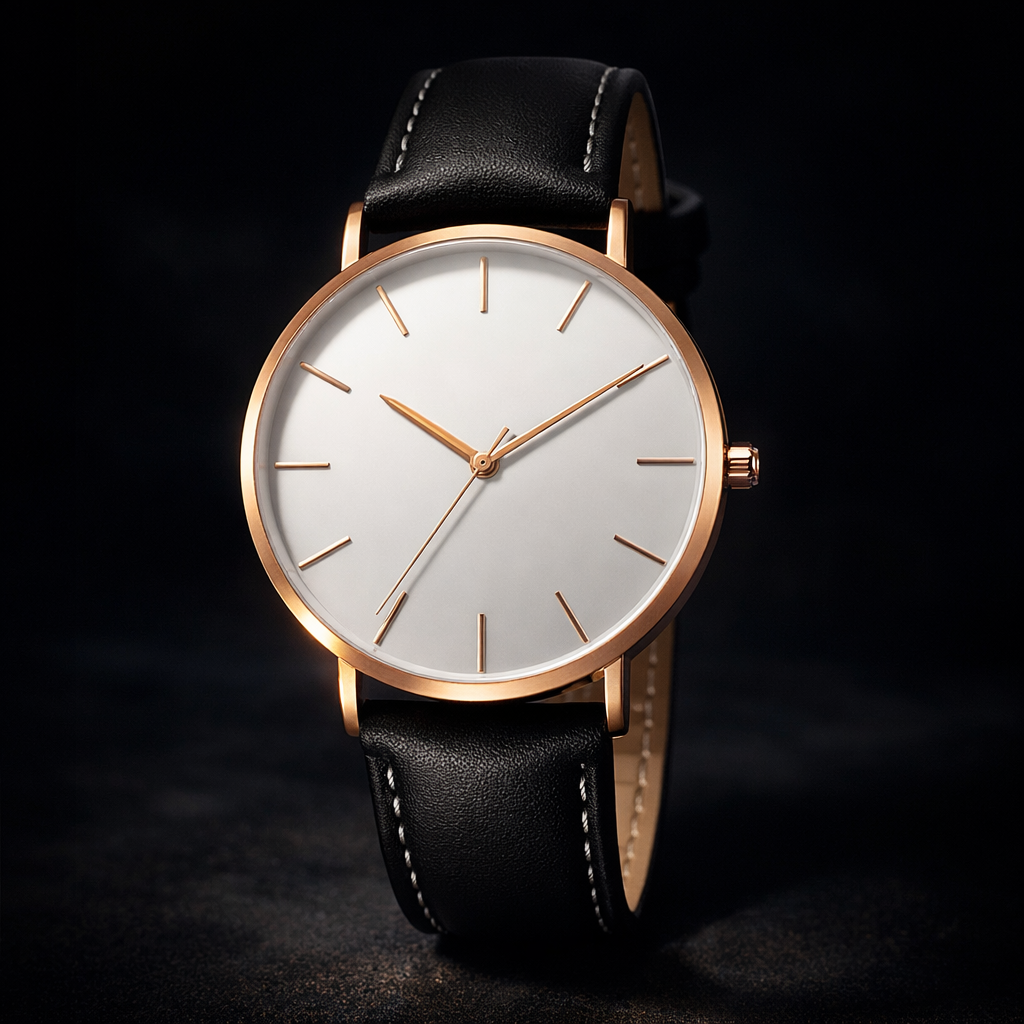 Minimalist dial 39mm quartz leather strap watch in white / black