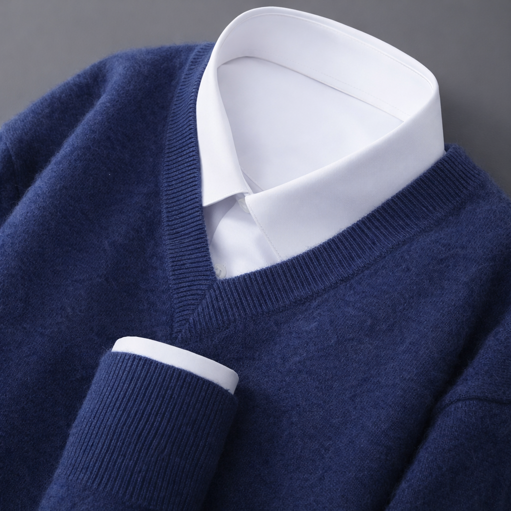 Midweight wool blend V-neck sweater, view 1