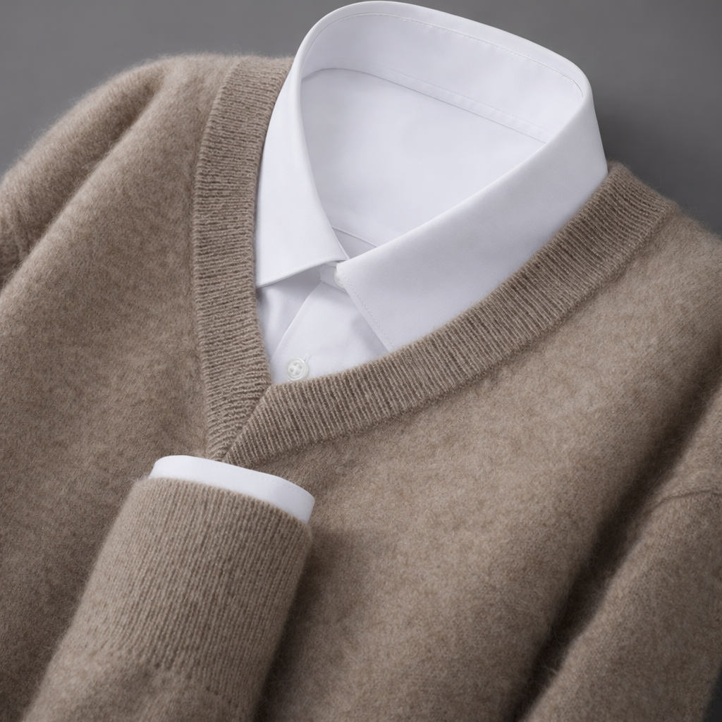 Midweight wool blend V-neck sweater in warm camel