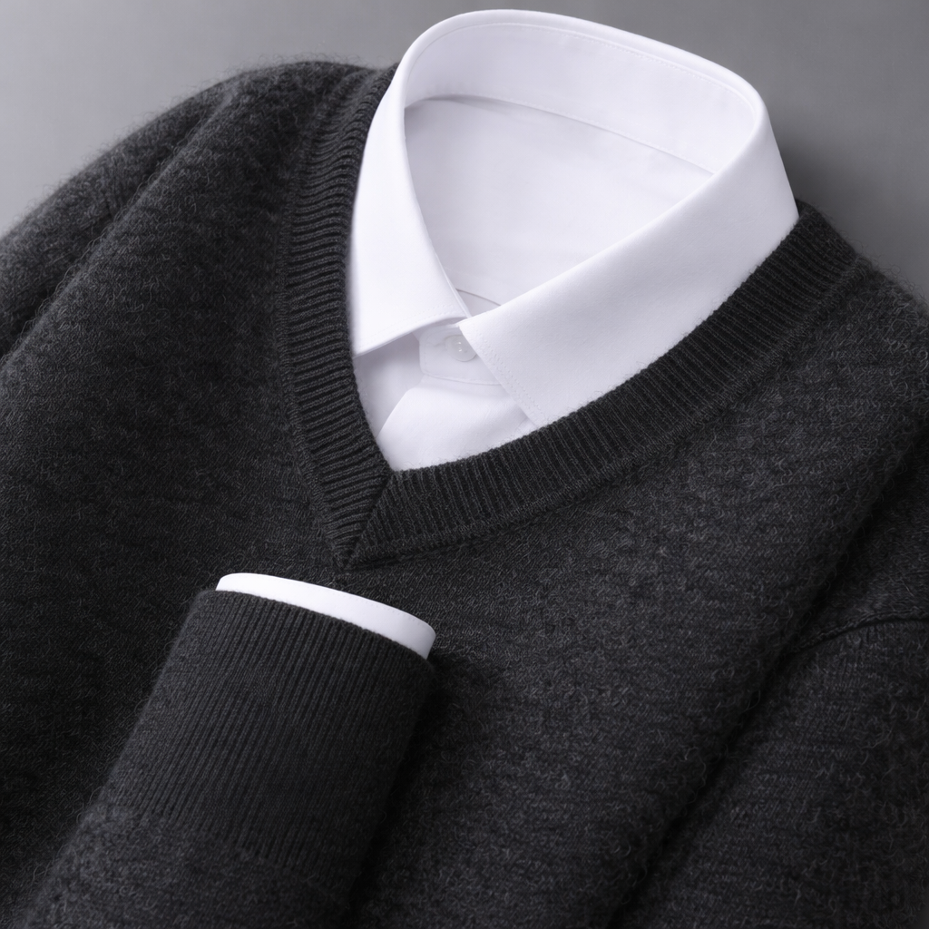 Midweight wool blend V-neck sweater in gray