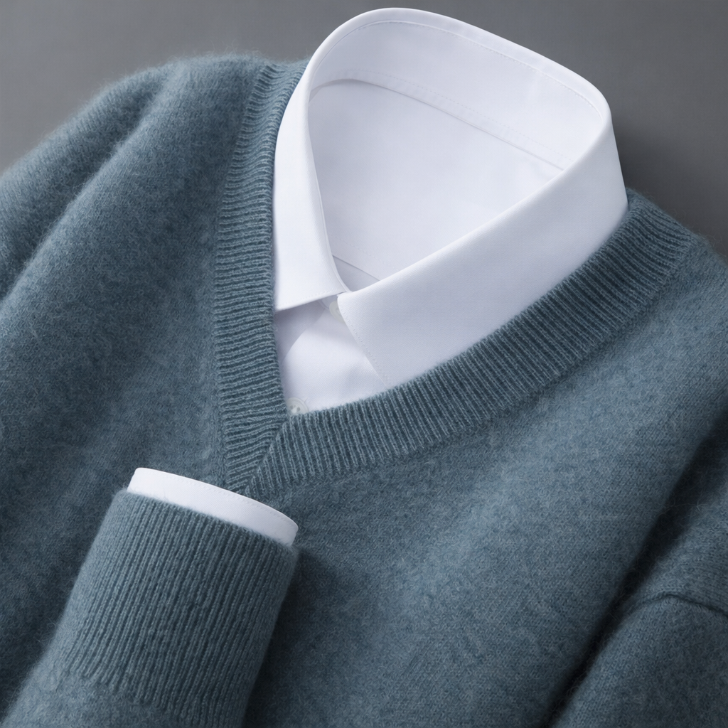 Midweight wool blend V-neck sweater in deep teal