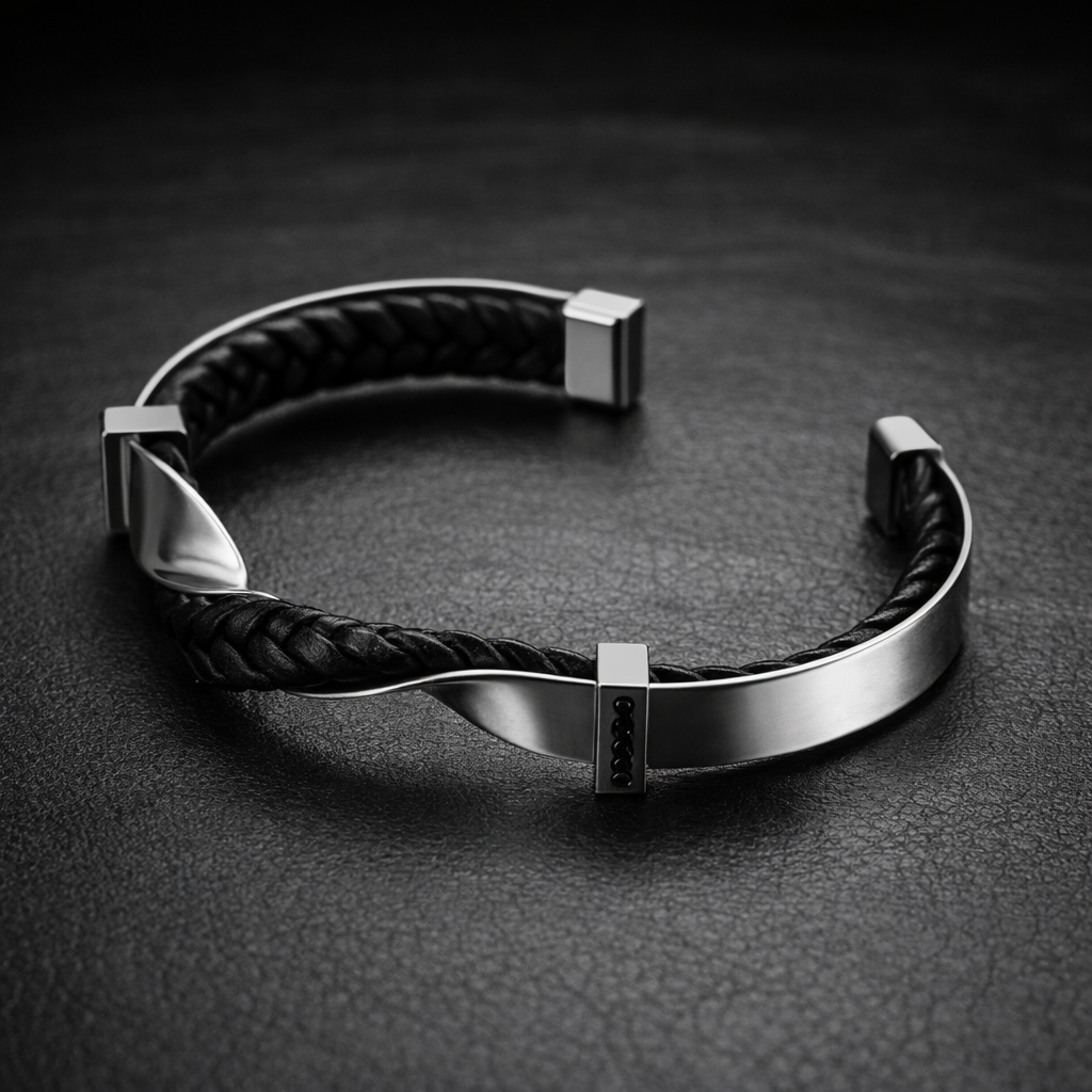 Polished steel braided leather cuff bracelet in silver