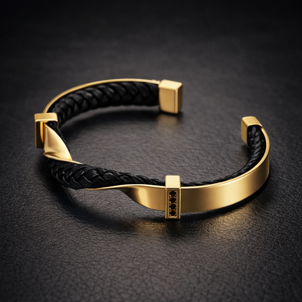 Polished steel braided leather cuff bracelet in gold