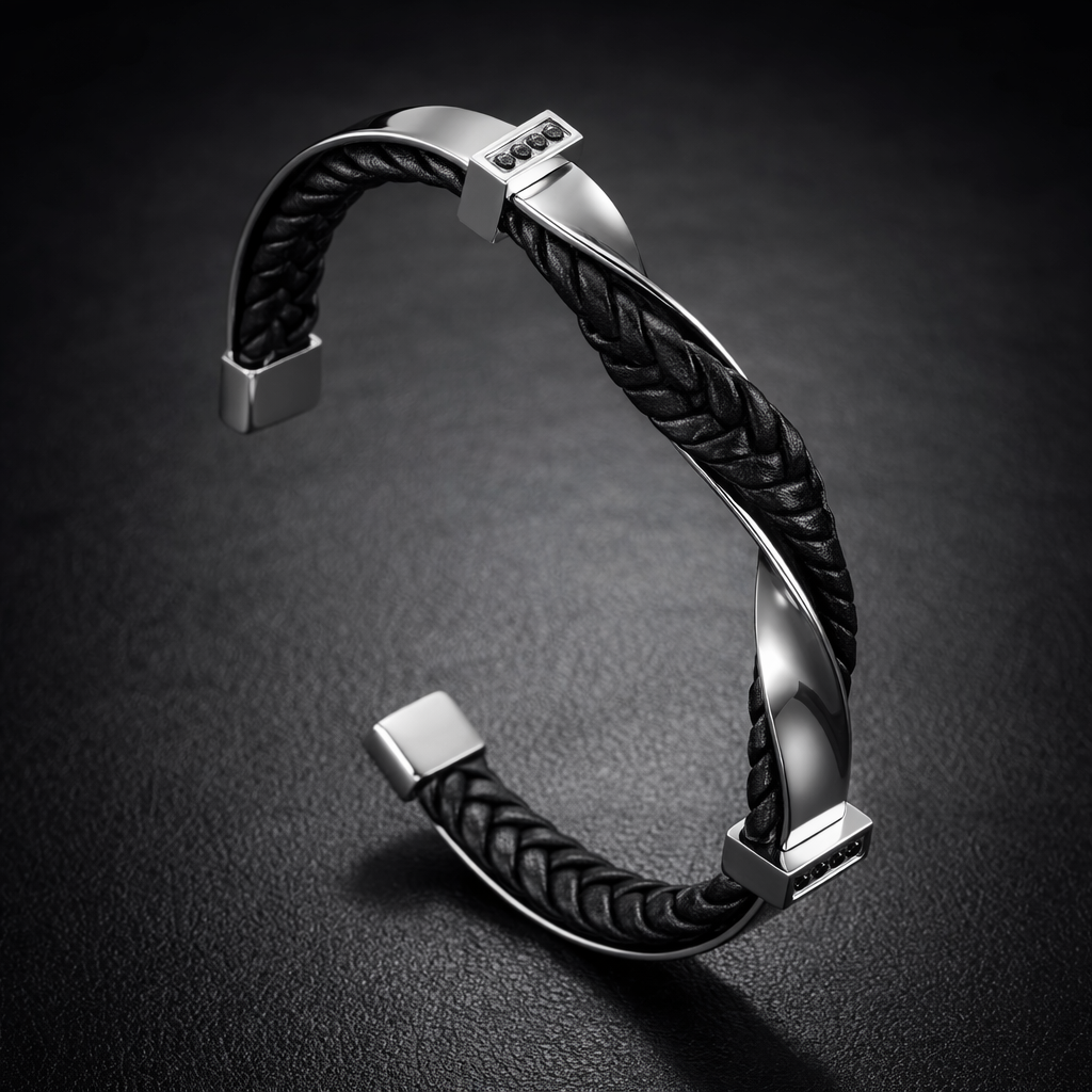 Polished steel braided leather cuff bracelet, view 4