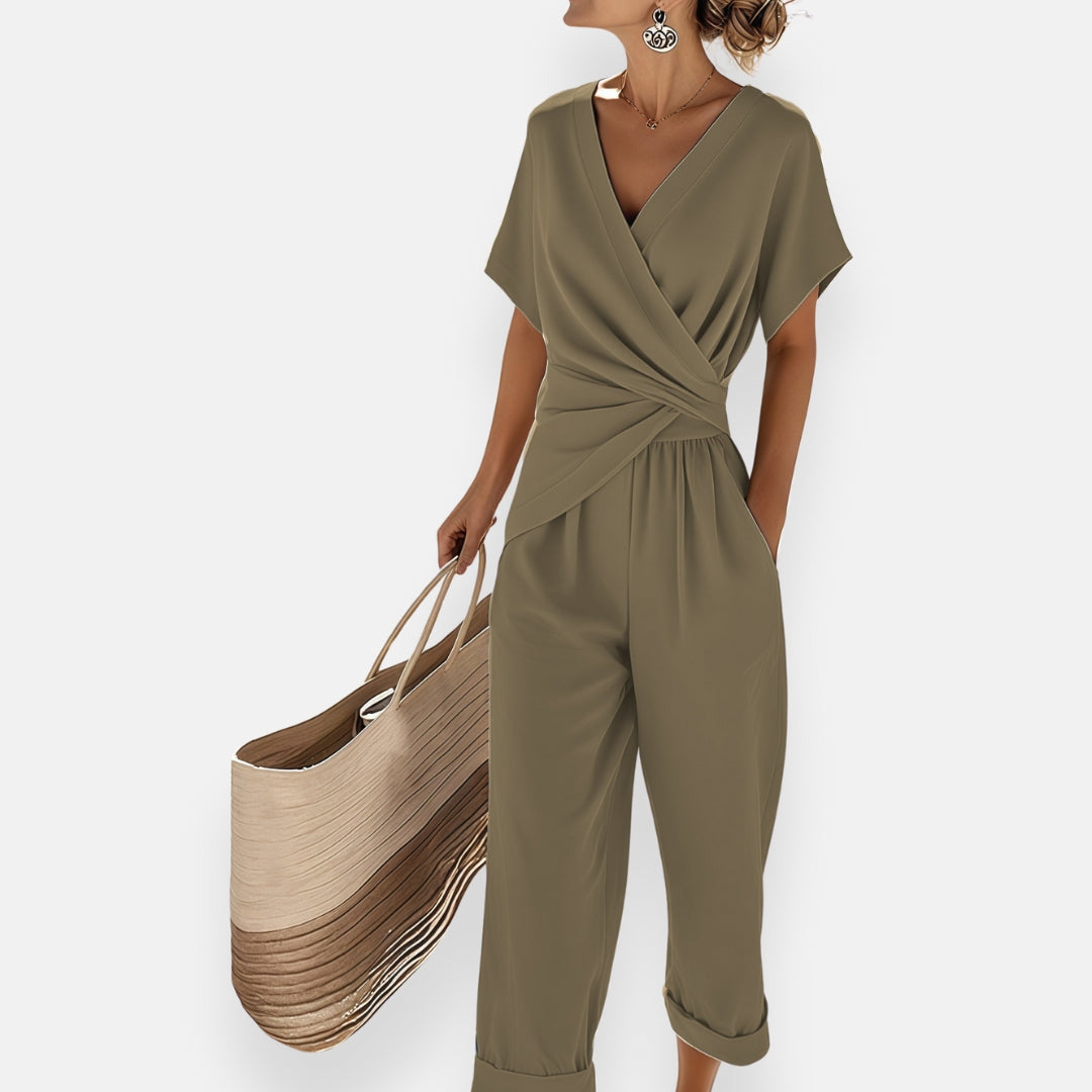 Draped bow detail wide leg jumpsuit in green