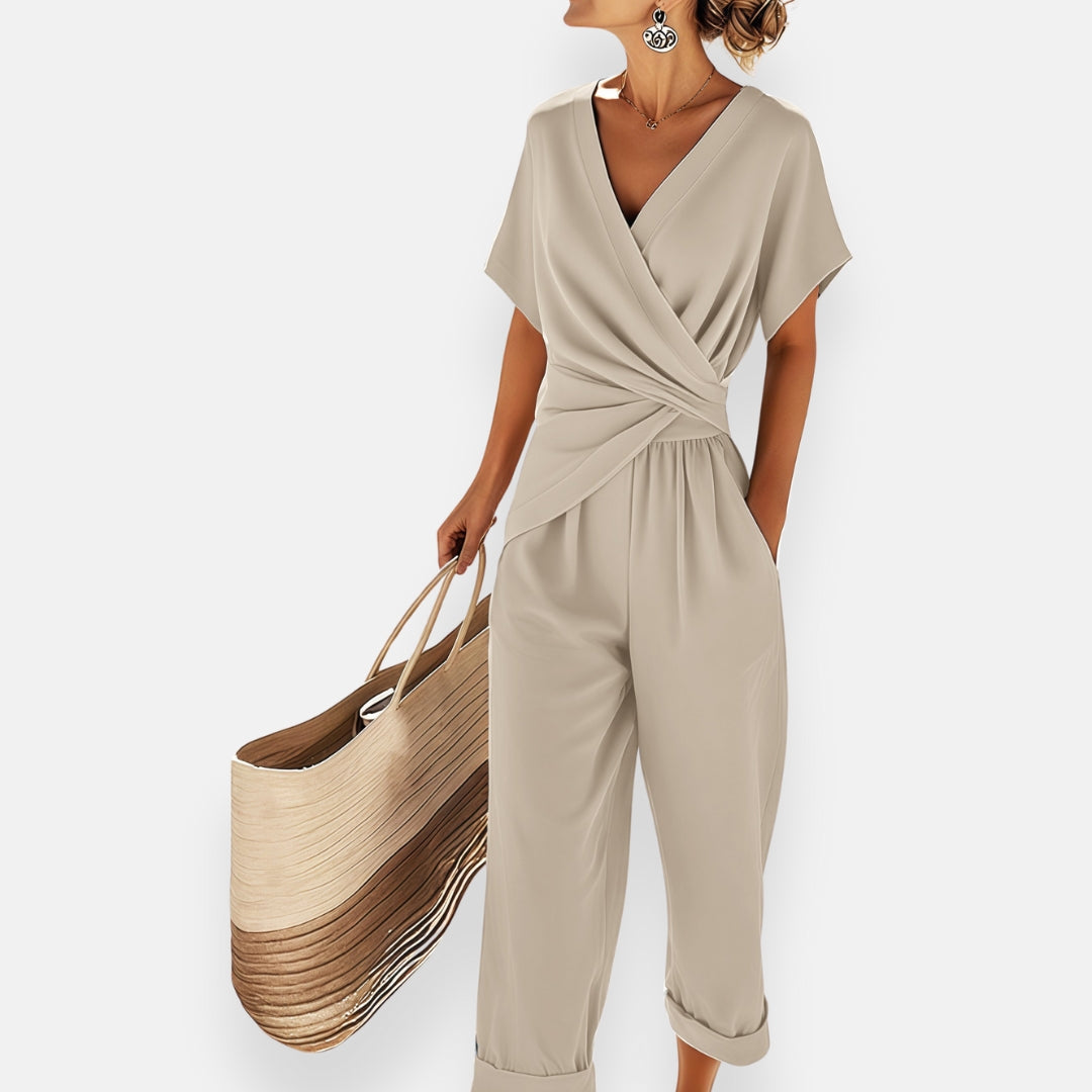 Draped bow detail wide leg jumpsuit in beige