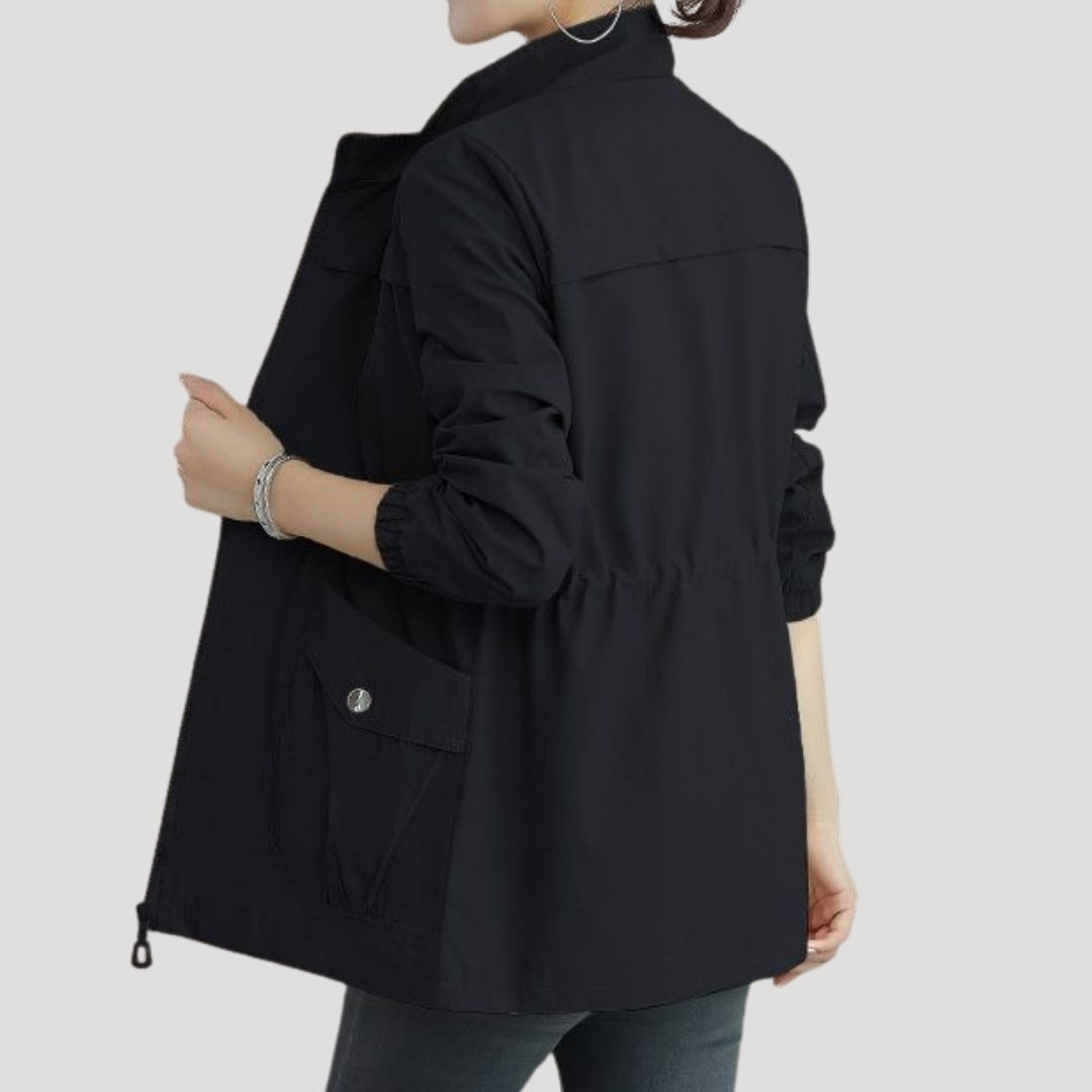 Drawstring waist lightweight spring windbreaker in black