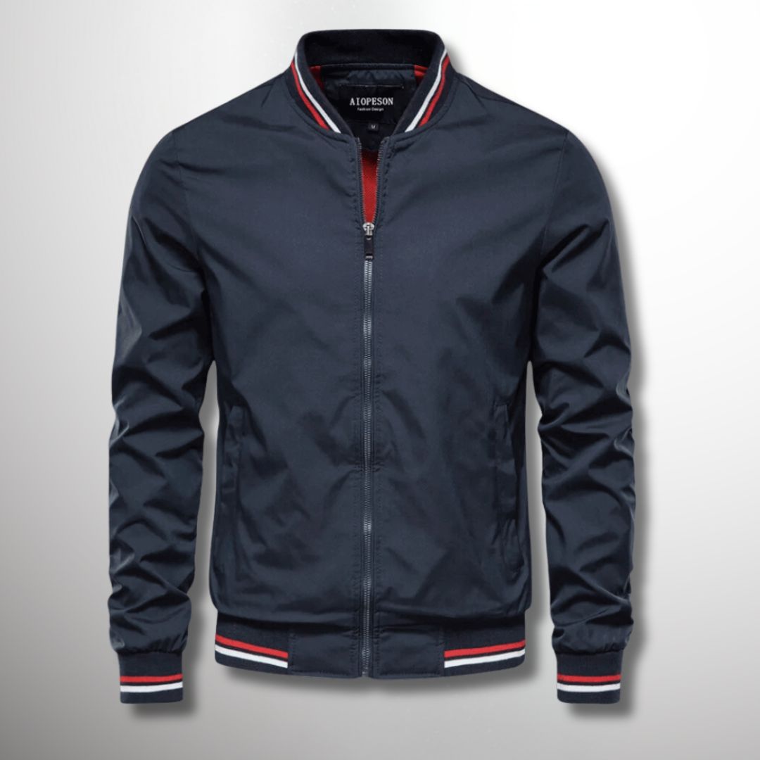 Fall Water Resistant Bomber Jacket with Striped Trim for Men in Dark Blue