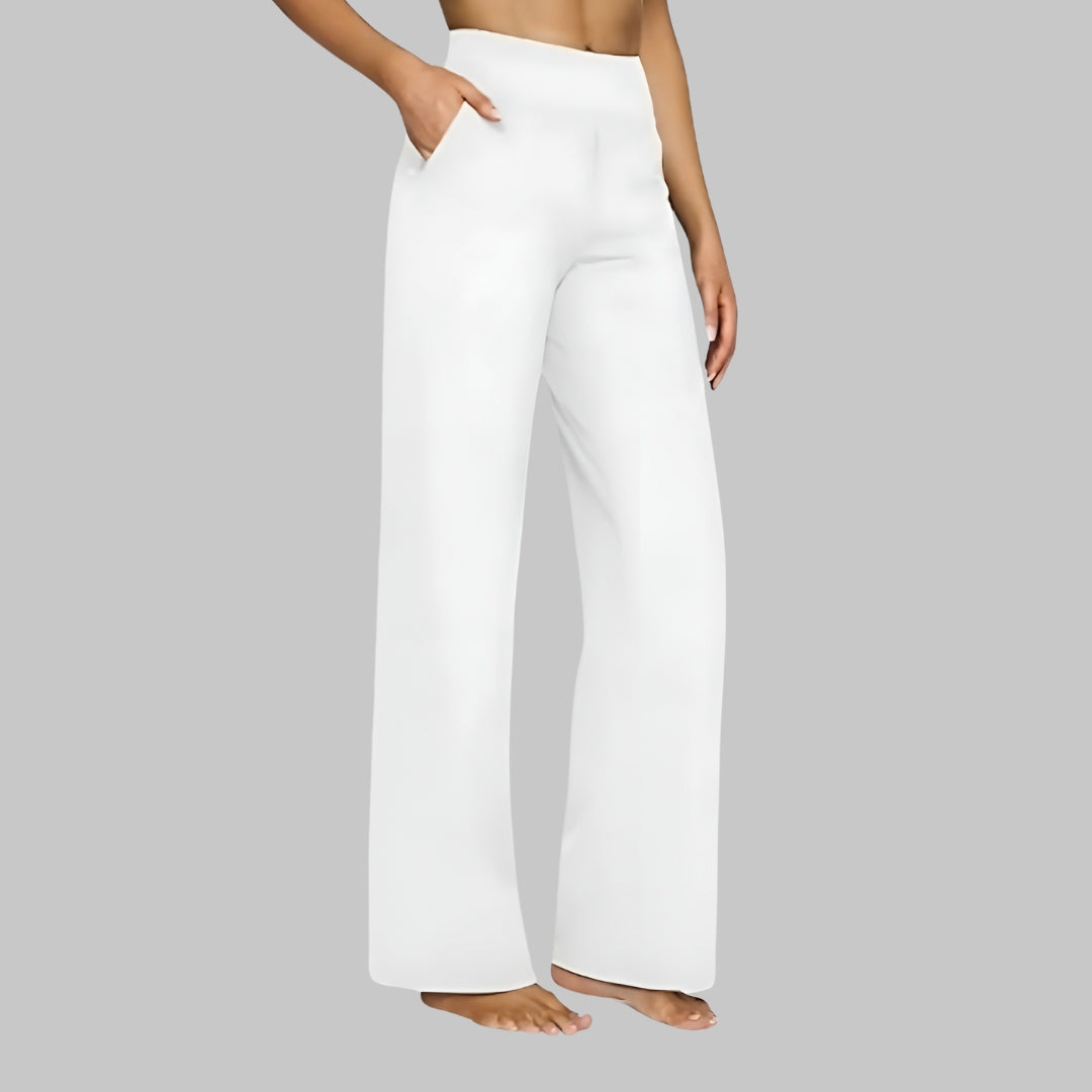 Fall Stretch High Waist Wide Leg Pull On Pants for Women in White