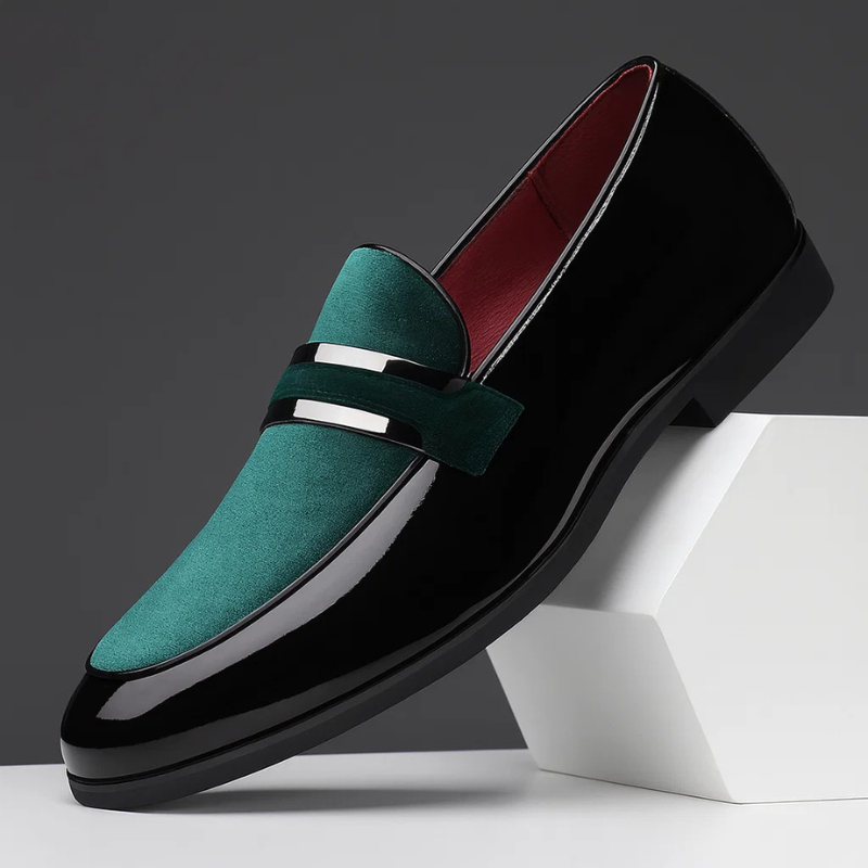 Polished leather suede panel penny loafer in green black