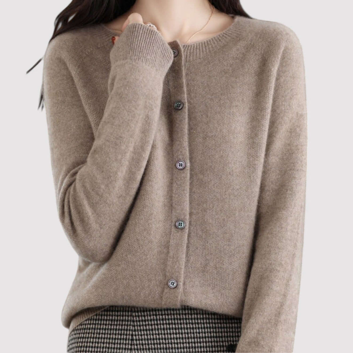 Fall Soft Brushed Fine Knit Crewneck Button Cardigan for Women in Brown