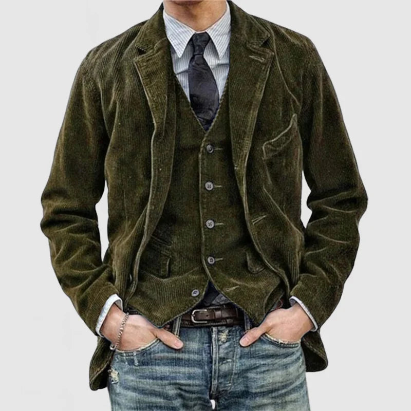 Fall Corduroy Notch Lapel Soft Shoulder Blazer Jacket for Men in Green