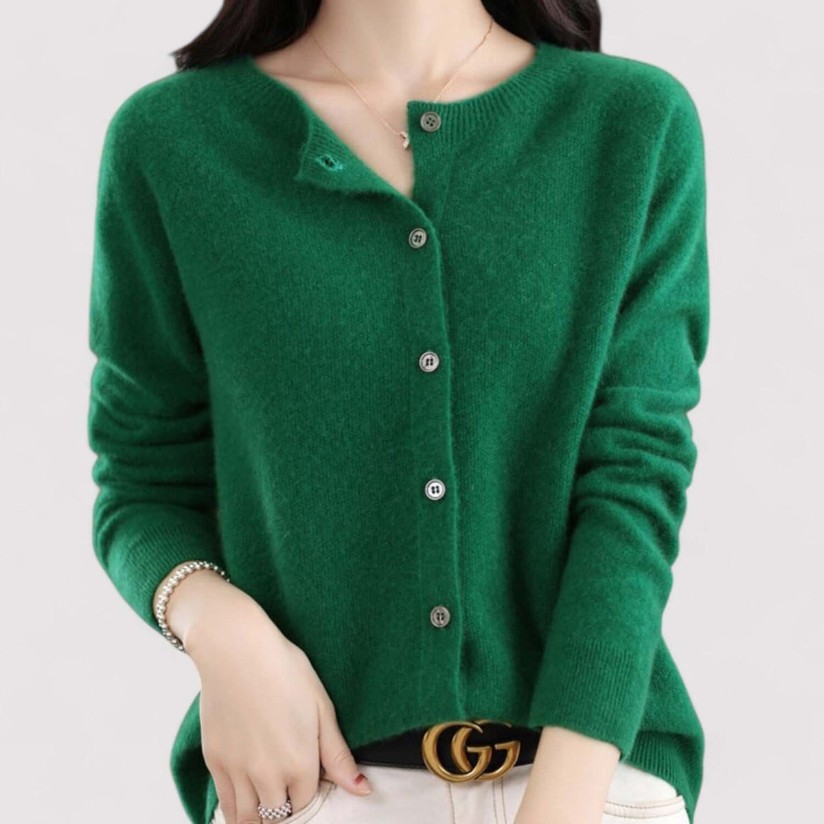 Fall Soft Brushed Fine Knit Crewneck Button Cardigan for Women in Dark Green