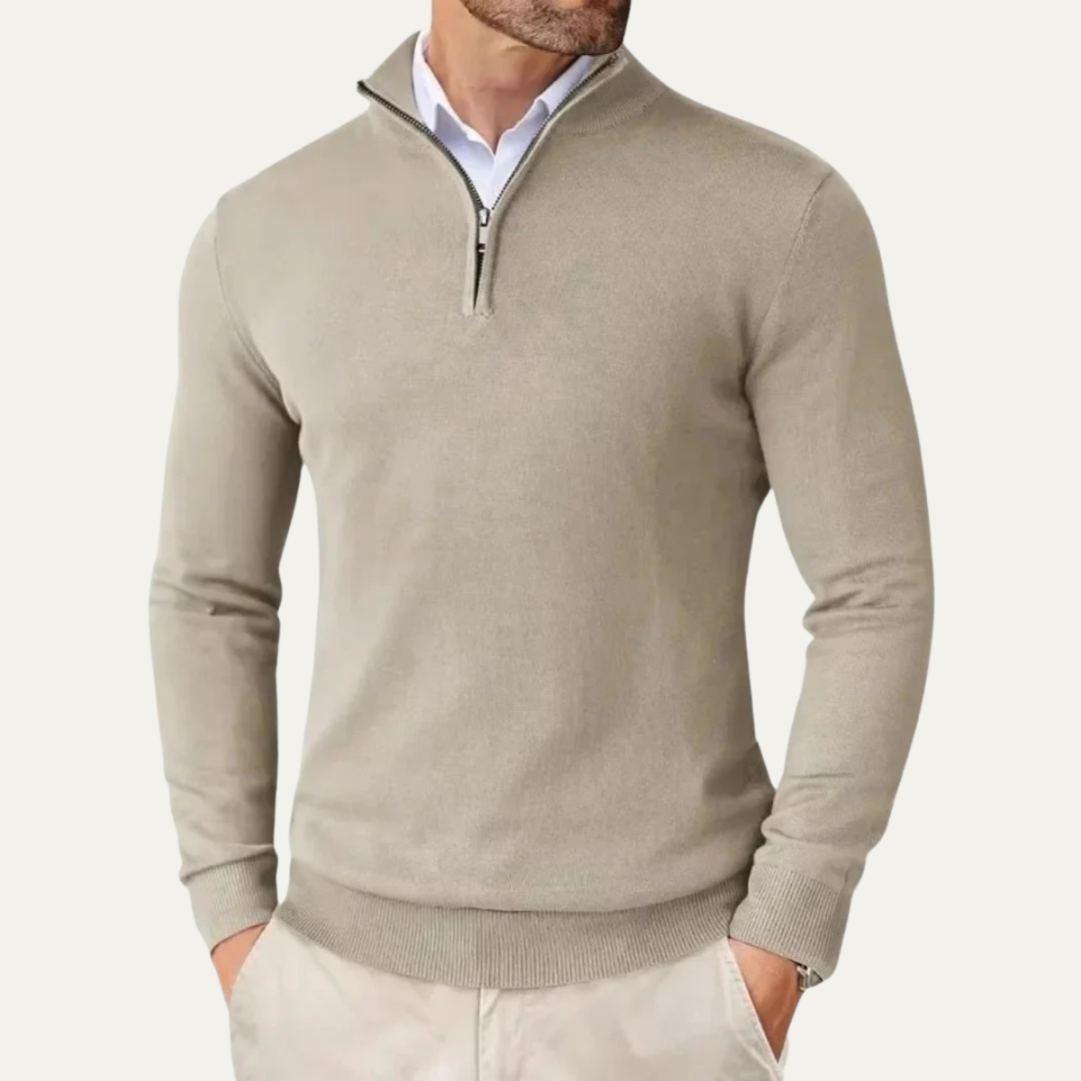 Fall Fine Knit Slim Mock Neck Quarter Zip Sweater for Men in Beige
