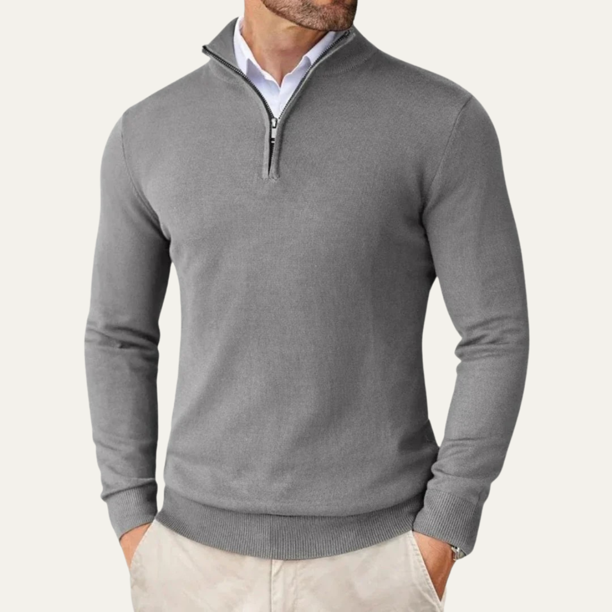 Fall Fine Knit Slim Mock Neck Quarter Zip Sweater for Men in Gray