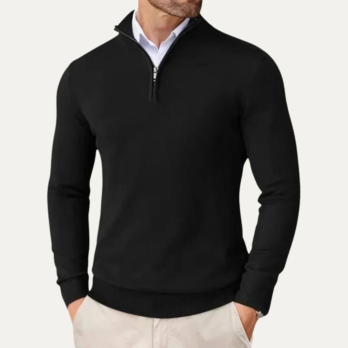 Fall Fine Knit Slim Mock Neck Quarter Zip Sweater for Men in Black