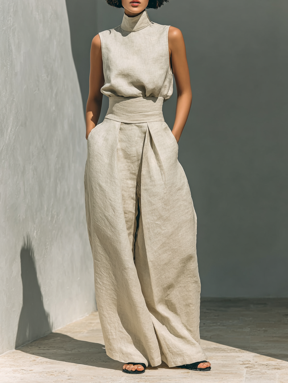 Sleeveless tank and loose wide leg pants set in khaki