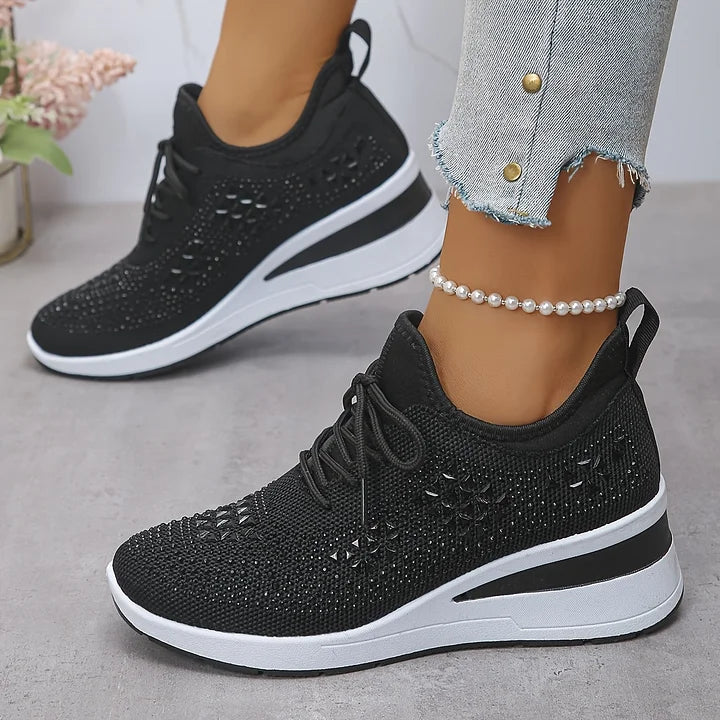 Fall Rhinestone Wedge Orthopedic Style Sneakers for Women in Black