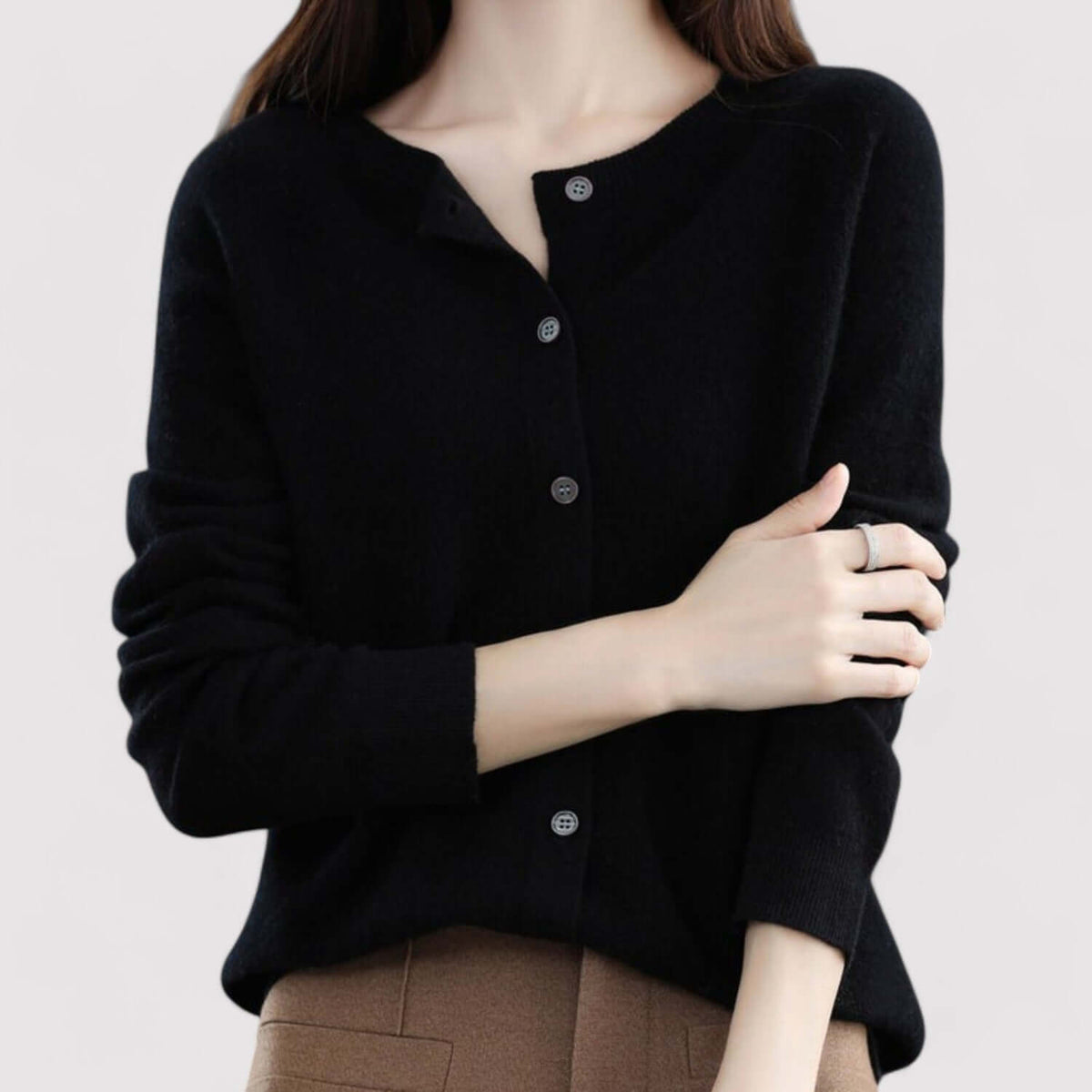 Fall Soft Brushed Fine Knit Crewneck Button Cardigan for Women in Black